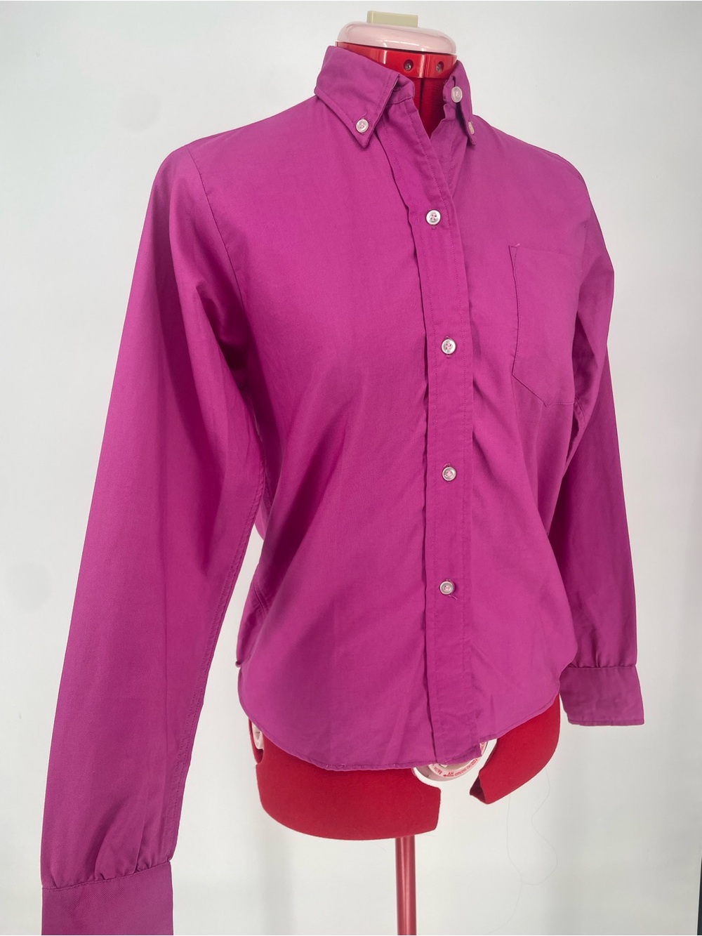 50s 60s Fuschia Pink Vibrant Long Sleeve Button Down Skirt W Chest Pocket